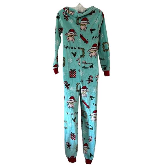 Friends XS Christmas One Pc Fleece Pajamas w Fur Trimmed Hood Holiday Cozy Warm - Picture 2 of 7